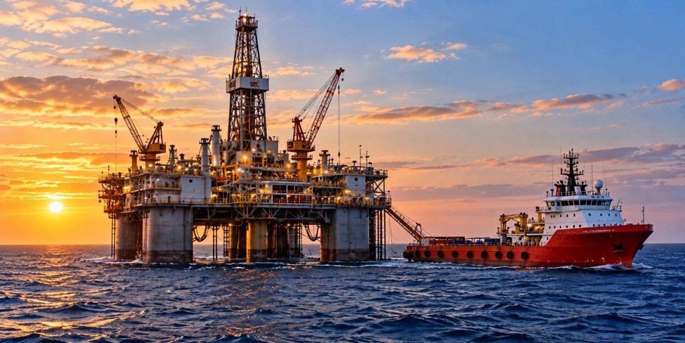 Offshore supply vessel alongside a drilling platform during cargo operations