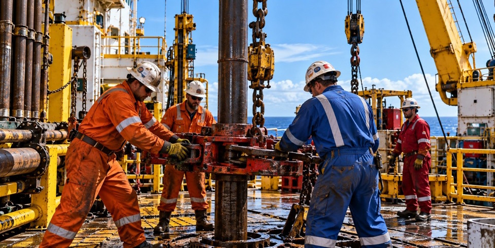 Offshore drilling rig workers handling equipment on the platform deck