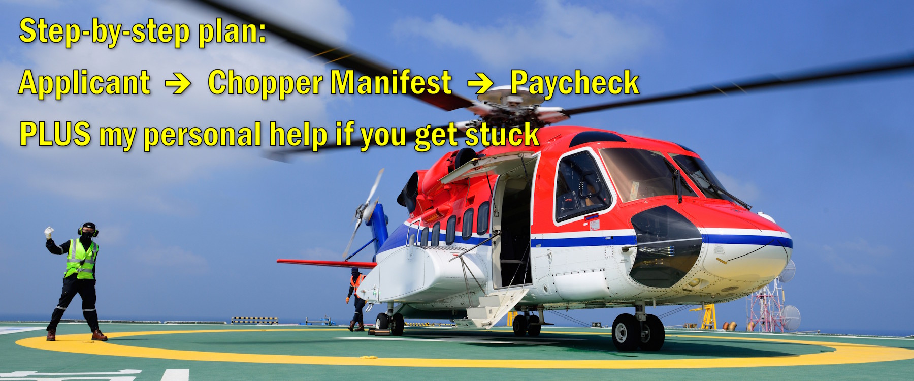 Offshore helicopter landing on helideck with crew preparing to board.