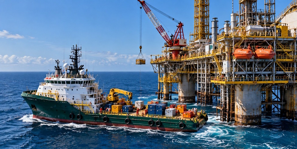 Offshore supply vessel alongside a drilling platform during cargo operations