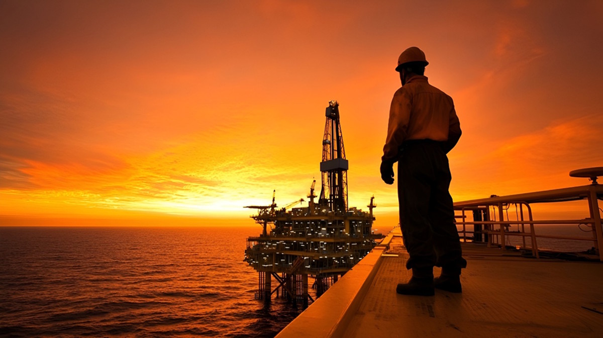 Worker looking at rig from distance